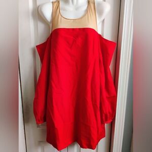 Red and Tan Off-Shoulder Dress